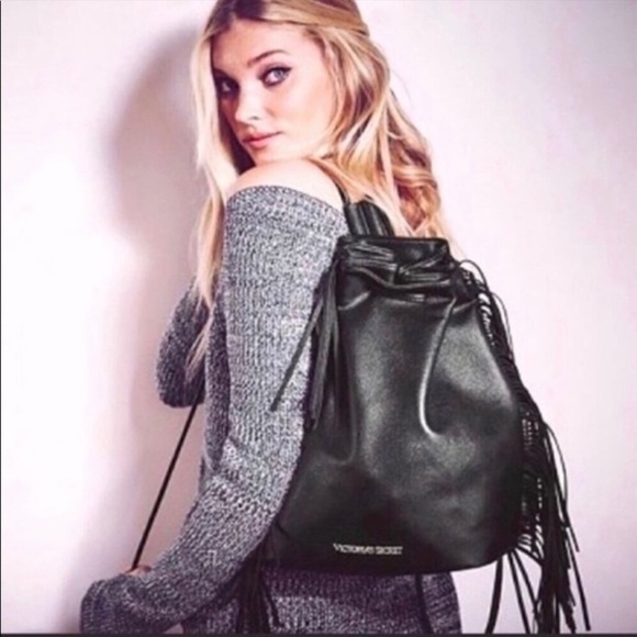 Victoria Secret black faux leather fringe backpack like new super clean - Picture 1 of 8